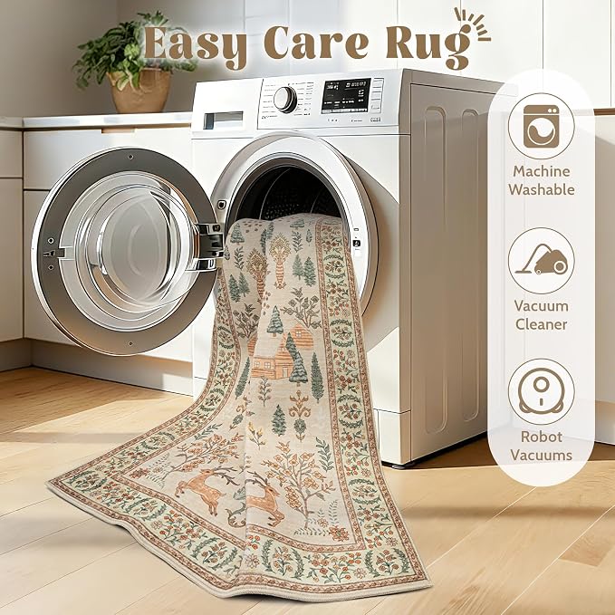 Living Room Rugs 9x12: Washable Boho Rug Farmhouse Non Slip Stain Resistant Large Rug Low Pile Soft Carpet for Bedroom Dining Room Children Room (Cream Animal,9'x12')