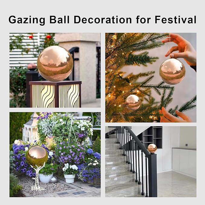 Gazing Ball Garden Mirror Outdoor, Outside Decorative Globe Rose Gold 10Pcs | Metal Polished Reflective Sphere, Stainless Steel Hollow Decoration Ornament for Home Pond Swimming Pool Housewarming Gift