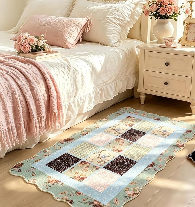 Vintage Floral Bathroom Rugs Non Slip, Thin Country Tribal Quilted Patchwork Rose Retro Indoor Doormat Washable, Cute Boho Shabby Chic 2x3 Scalloped Throw Area Rug for Kitchen Bedroom Laundry Entryway