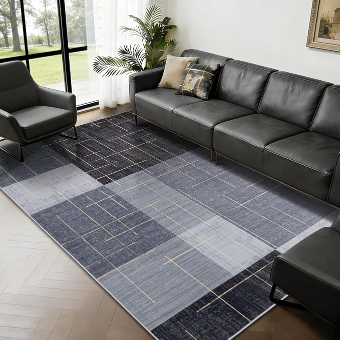 Washable Abstract Modern 6x9 Area Rugs for Living Room,Contemporary Geometric Rug for Bedroom Non Slip with Gold Striped, Blue and Grey White Checkered Carpet
