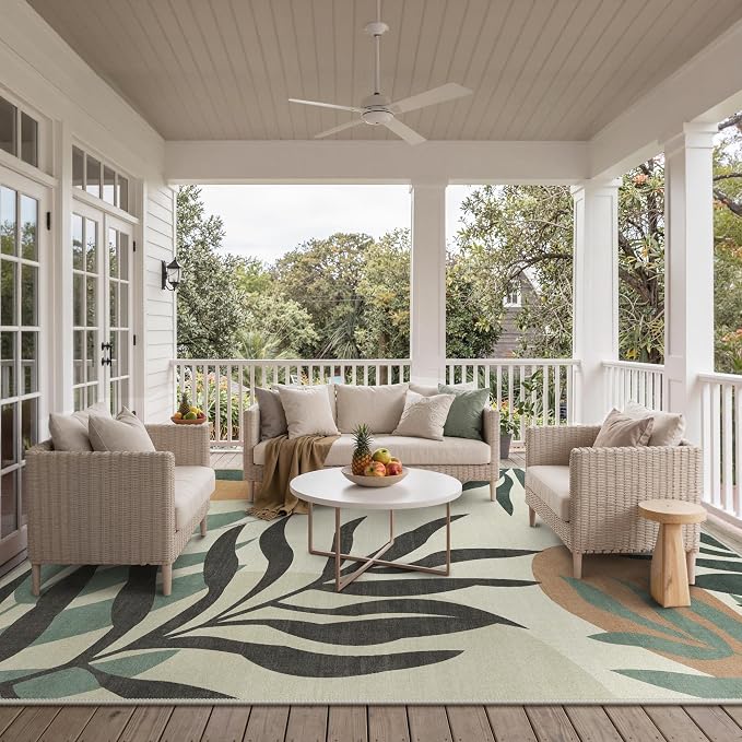 GENIMO Outdoor & Indoor Area Rug 9'x12', Waterproof, Non-Shedding, Easy Cleaning, Leaf Mat for Patio, Living Room, Balcony, Dining Room, RV, Deck, Bedroom, Camping, Outside Carpet, Beige Grey