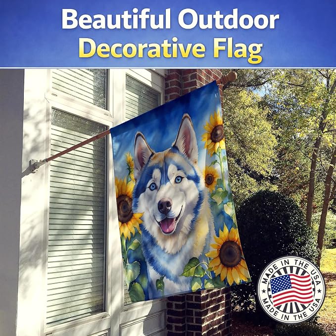 Caroline's Treasures DAC6163CHF Siberian Husky in Sunflowers House Flag Large Porch Sleeve Pole Decorative Outside Yard Banner Artwork Wall Hanging, Polyester, House Size, Multicolor
