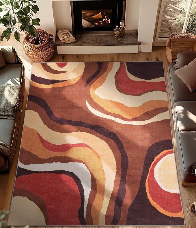 Burnt Orange Rug 6x9 Washable,Alfombras para Salas,Farmhouse Brown Retro Carpets,Geometric Abstract Wavy Rug for Living Room,Unique Colorful Rugs for Bedroom,Dining Room