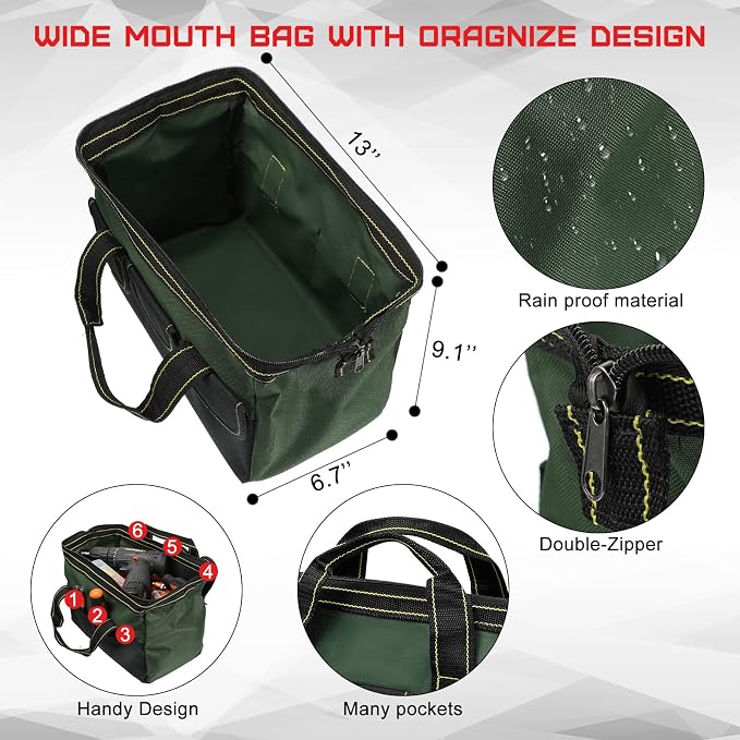 4 Pieces Tool Bag with Waterproof Strong Molded Base Multi Pockets Wide Mouth Tool Tote Multifunctional Large Capacity Organizer Heavy Duty Tools Storage Bag for Men Carpenter Electrician