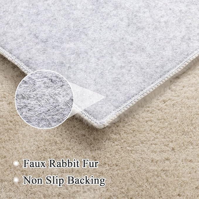 SHACOS Ultra Soft Faux Rabbit Fur Area Rug 4'x6', Non Slip Washable Padded Living Room Rugs, Fluffy Cozy Indoor Modern Carpet for Bedroom Dining Room Kids Room Dorm Home Decor, Beige