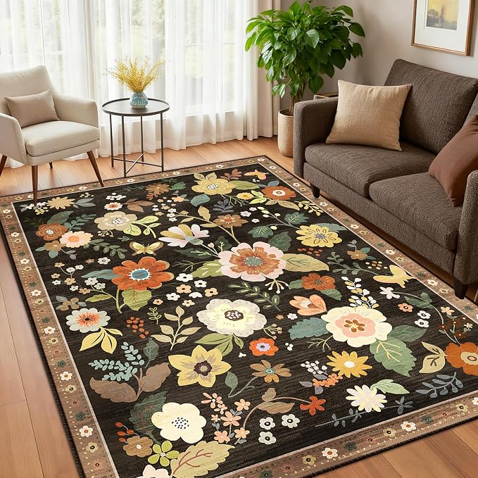 RELEANY Floral Washable 3x5 Area Rugs Black/Yellow | Flower Carpet, Print, Boho, Non-Slip, Easy to Clean, Soft, Low Pile for Living Room Bedroom Kitchen Office Entryway Hallway