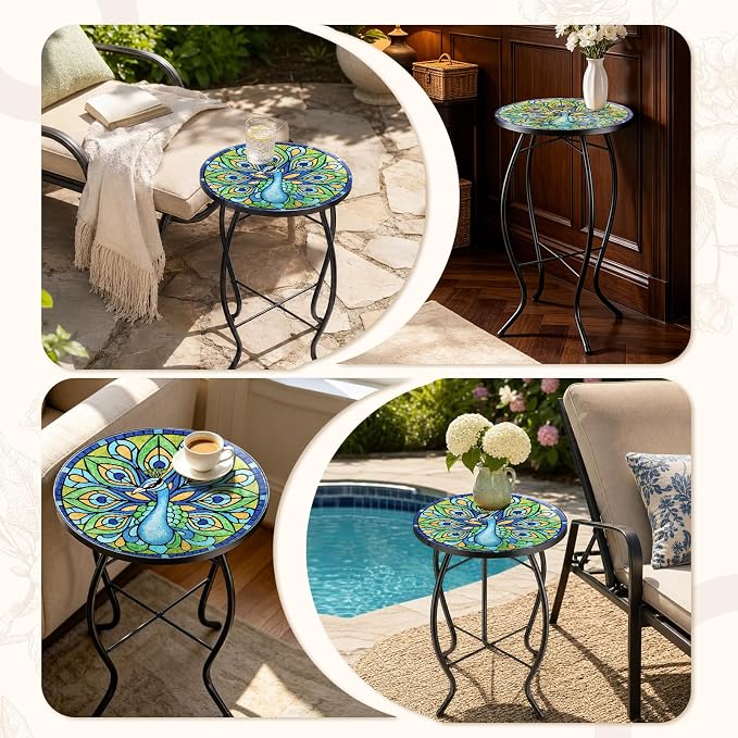 MUMTOP Outdoor Side Table - Small Mosaic Patio Tables, 14” Round Accent End Coffee Glass Plant Stand for Garden Living Room(Peacock)