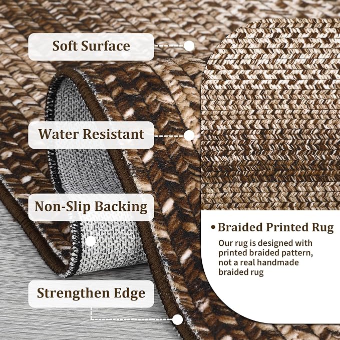 RUGSREAL 5x8 Oval Washable Rug Living Room Modern Border Bedroom Area Rugs | Non Slip Low Pile Dining Room Goemetric Oval Throw Carpet Contemporary Rugs for Living Room Kitchen Nursery, Brown