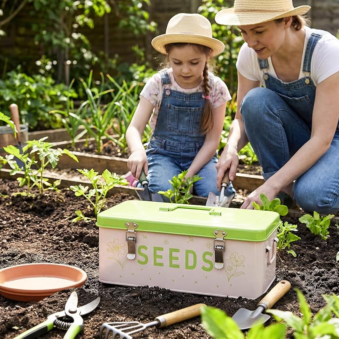 Seed Storage Organizer with Lid, Metal Seed Bin Seed Packet Container with 100 Plant Labels 50 Seed Envelopes 50 Plant Clips 1 Marker Pen, 4 Compartments Box with Locks