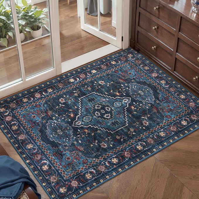 Tangsoo Oriental Blue Small 2x3 Washable Rugs, Vintage Non Slip Rug Carpet, Indoor Front Door Rug for Entryway, Door Mat Indoor Entrance Soft Low Pile Throw Rugs for Entry Kitchen Bedroom Home Decor