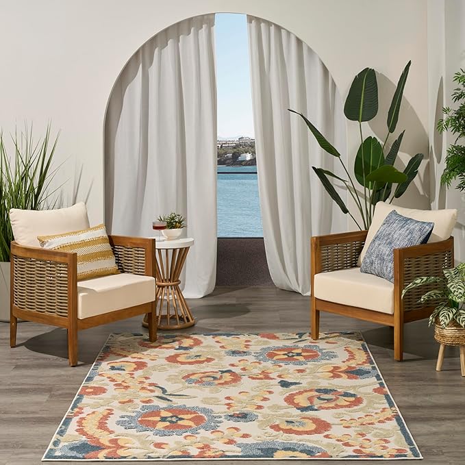 Nourison Home Aloha Grey Multicolor 5'3" x 7'5" Area Rug - Easy Clean, Non Shedding, Bed Room, Living Room, Dining Room, Kitchen (5' x 8')