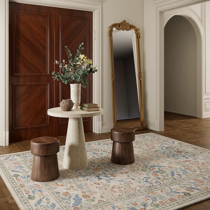 Washable Area Rugs for Living Room: 6x9 Bedroom Rug Vintage Area Rug Stain Resistant Non Slip Low Pile Lightweight Soft Carpets for Dining Room Kitchen Nursery Kids Room Farmhouse Indoor