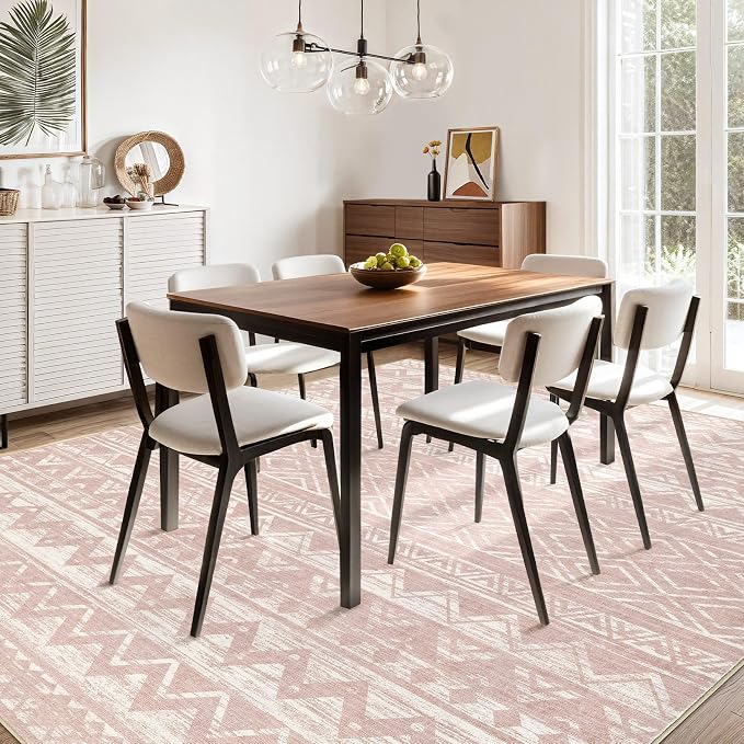 cotiled Boho 9x12 Area Rug for Living Room: Large Moroccan Washable Rug | Solve Modern Neutral Trendy Home Decor - Stain Resistan Carpet for Bedroom Farmhouse Dining Room Pink