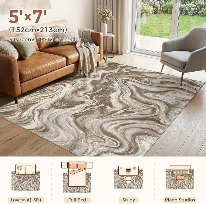 DMOYEST 5x7 Area Rug for Living Room Washable Abstract Indoor Carpet | Neutral Modern Low Pile Rugs Kid & Pet Friendly Soft Thin Carpet for Bedroom Dining Room and Office - Sand Brown
