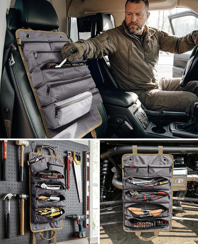 Tool Roll Up Bag, 1680D Heavy Duty Tool Bag Organizer with 2 Detachable Tool Pouches & Multiple Pockets, Waterproof Motorcycle Tool Roll for Mechanic & Electrician, Gift for Men Him Dad, 21.9"*13.8"