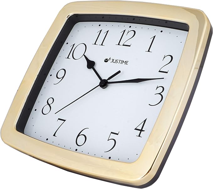 JUSTIME 8.5-inch Quality Square Water Resistant Quartz Wall Clock Special for Small Space, Office, Boats, RV (W40504 Gold Plate)