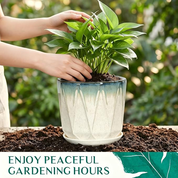 7.8 Inch Ceramic Plant Pot with Drainage Hole Mesh Net, Large Flower Pots for Indoor Plants with Saucer, Gardening Pots Outdoor (Blue Mouth Linen)
