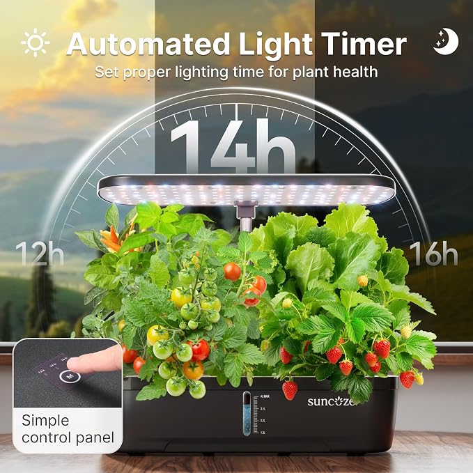 SUNCOZE Hydroponics Growing System, 12 Pods, 12.4 in Adjustable Height | Indoor herb Garden with 20W LED Grow Light, Visible Water Tank with Pump, Indoor Gardening System, Gardening Gifts, Black