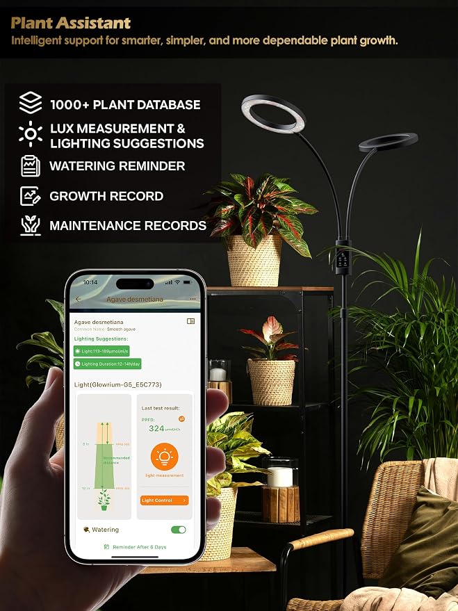 Smart Grow Lights for Indoor Plants, Plant Light with Auto-Timer, Full Spectrum LED Grow Light, Adjustable Height & Stepless Dimming,Plant Assistant Suitable for Most Plants (Black, Dual Heads)