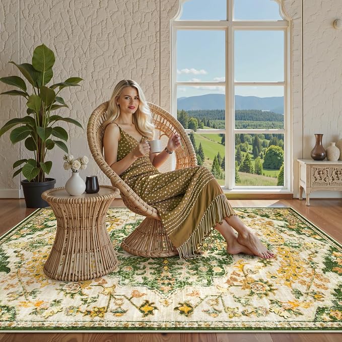 Lahome Reine Bohemian Floral Medallion Area Rug, 4x6 Soft Rugs for Living Room Washable Rugs for Bedroom, Vintage Non Slip Indoor Carpet for Apartment Dining Room Kitchen, Yellow/Green/Multi