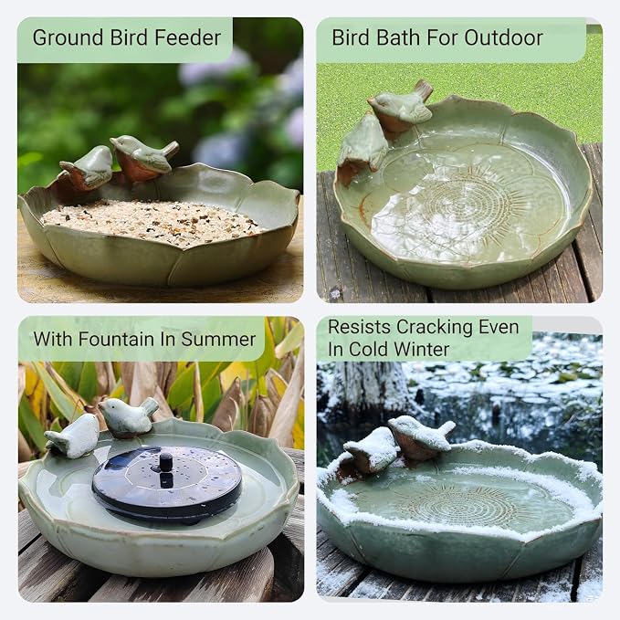 Ceramic Bird Bath Bowl for Outside on Ground, 9.45-Inch BirdBath Bowl Only, Ground Bird Feeders and birdbath for Outdoors, Garden, Tabletop, Deck, Balcony and Lawn