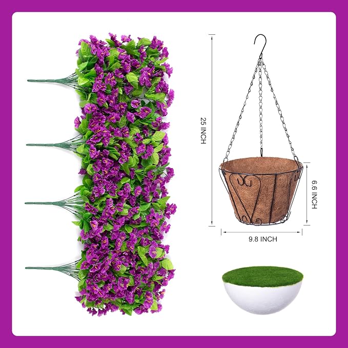 Ammyoo Artificial Faux Hanging Flowers Basket for Spring Summer Outdoor Porch Decor, Fake Silk Colorful Morning Glory Eucalyptus in Planter UV Resistant Look Real for Home Balcony Yard(Darkorchid)