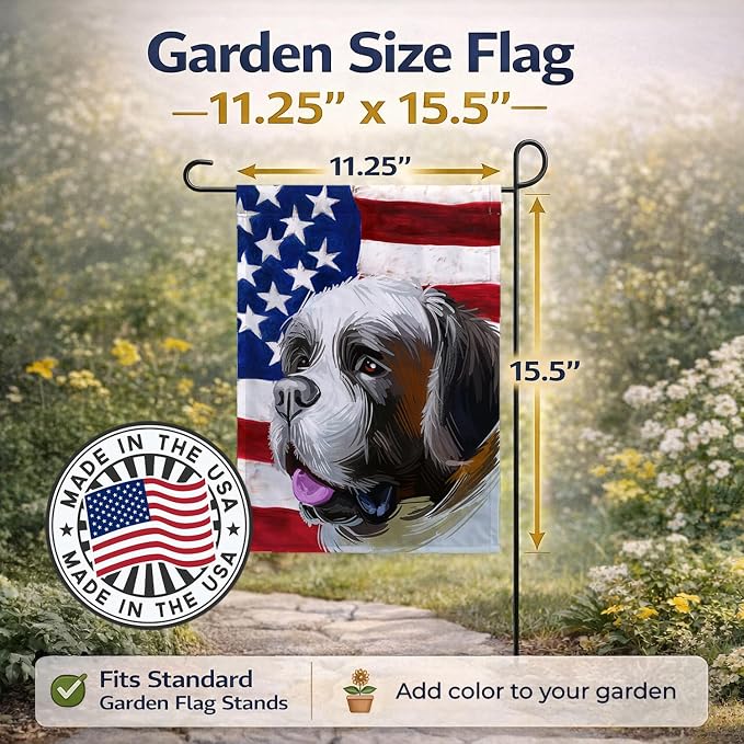 Caroline's Treasures CK6722GF Saint Bernard American Flag Garden Flag Mailbox Flag Decorative Yard Flag Banner Outside Patio Artwork Yard Flower Beds, Garden Size, Multicolor