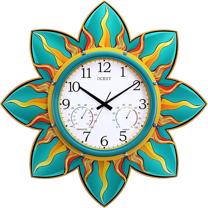 OCEST 24 Inch Outdoor Clock, Waterproof with Thermometer and Hygrometer Combo, Silent No-Ticking Outdoor Wall Clocks, Quartz Clock for Patio Garden Flame Petal