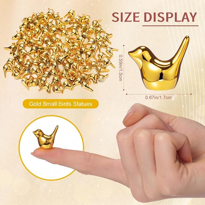 Sieral 50 Pcs Gold Mini Bird Figurines Miniature Resin Bird Statues Small Animal Statues Fairy Garden Accessories for Micro Garden Landscape Dollhouse Cake Potted Plants DIY Craft, 0.59" x 0.67"