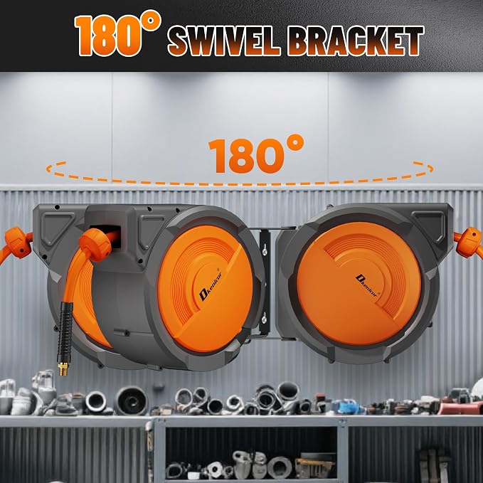 Retractable Air Hose Reel, 3/8" x 80ft Hybrid Hose, Auto Rewind Enclosed Air Compressor Hose Reel with 180° Swivel Bracket, Max 300 PSI Any Length Lock for Garage & Workshop