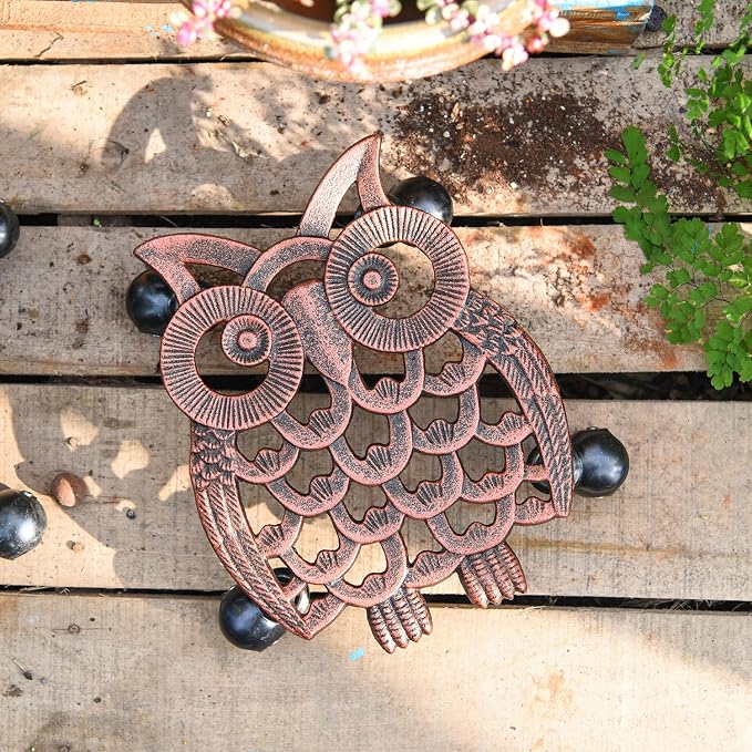 Sungmor Heavy Duty Cast Iron Plant Caddy with Wheels - 2 Pack Vintage Owl Design Plant Stand, Metal Rolling Plant Tray for Indoor & Outdoor Use - 11 Inch, Antique Bronze