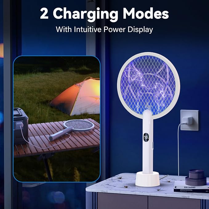 Nymrix Electric Fly Swatter Racket, 2 in 1 Mosquito Bug Zapper 4100V Max Handheld Mosquito Killer with 1800 mAh Rechargeable Battery, Purple Light and 3-Layer Safety Mesh for Indoor Outdoor Grey