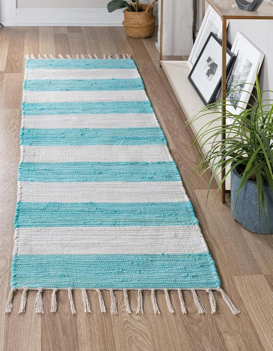 Unique Loom Chindi Rag Collection Area Rug - Striped (2' 2" x 8' Runner, Turquoise and Ivory)