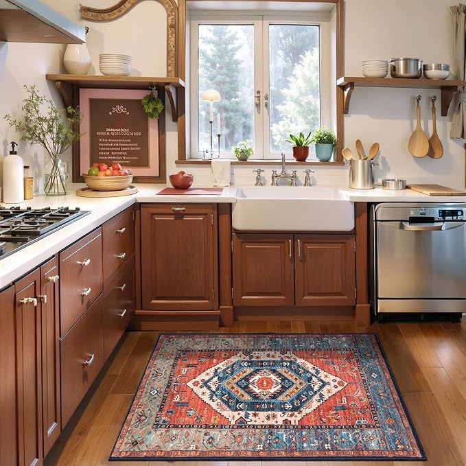 SERISSA 2x3 Washable Non Slip Boho Small Area Rug for Entryway，Rust | Ultra Soft Vintage Oriental Carpet Low-Pile Tribal Indoor Mat Floor Carpet for Bedroom Kitchen Bathroom Entrance Floor