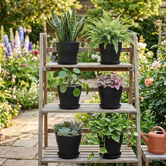 Yinder 32 Pcs 6 Inch Nursery Pots Flower Pots Black Plastic Plant Pot Seed Starting with Saucers and Drainage Holes Plant Container for Herbs Houseplants Seeding Nursery Flowers