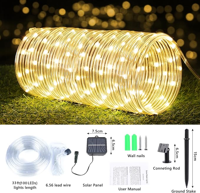 Solar Rope Lights, 33ft 100LED Solar String Lights, 8 Modes Waterproof Solar Outdoor Light, Flexible Clear Trampoline Light for Garden Backyard Patio Deck Porch, Pool Tree Decoration - Warm White