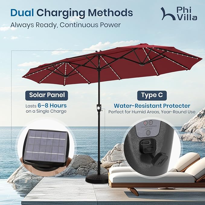 PHI VILLA 13ft Patio Umbrella with Solar-Powered 120 PCS LED Color-Changing Lights, Triple-Head Large Rectangle Umbrella Outdoor Patio for Table with Crank Lift,Dark Red(No Base)