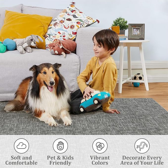 Garvee Washable Area Rugs 5x7 Modern Textured Rug for Living Room, Grey | Neutral Solid Color Non Slip Backing Low Pile Stain Resistant Non Shedding Soft Rug for Dining Room Entryway Bedroom