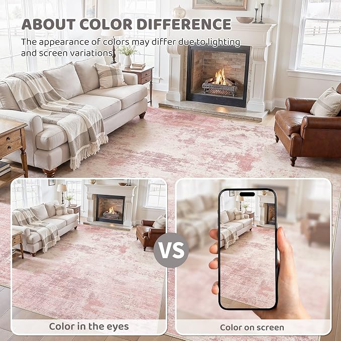 UERMEI 9x12 Area Rug Living Room Rugs - Washable Neutral Modern Abstract Soft Thin Large Rug Indoor Floor No Slip Rug Carpet for Bedroom Under Dining Table Home Office Decor - Pink