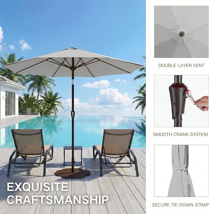 Kingdura 10FT Outdoor Patio Umbrella, Round Market Table Umbrella with Push‑Button Tilt and Crank Lift, 8 Sturdy Metal Ribs, UV50+ Protection Canopy for Backyard, Lawn, Deck, Poolside, Garden (Light grey)