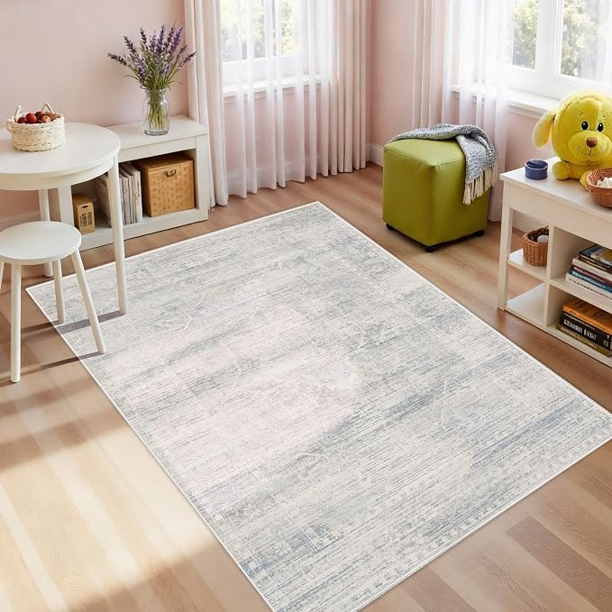 Latte&Fog 3x5 Entryway Blue Area Rugs, Vintage Washable Rugs Boys Bedroom | Non Slip Low Pile Soft Floral Cute Carpet for Dining Kitchen Kids Playroom Nursery Guest Room Classroom Dorm Farmhouse Office