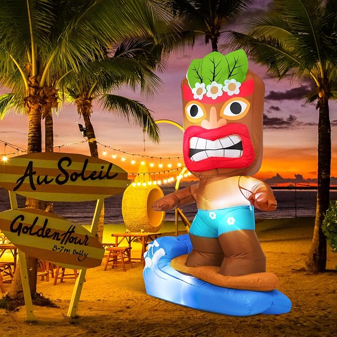 Shappy 5 Ft Inflatable Surfboard Lighted Blow up Tiki Hawaiian Party Decor | Luau Tropical Inflatables Giant Outdoor LED Tiki Blow up Aloha Bar Beach Summer Pool Surfing Party Decorations