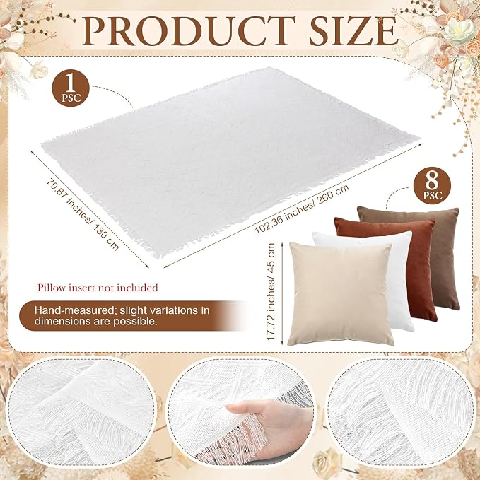 Moukeren 10 Pcs 71''x102'' Extra Large White Outdoor Boho Picnic Blanket with Table Runner and 8 Throw Pillow Covers Oversized Washable Portable Beach Blanket for Picnic Camp Lawn Wedding