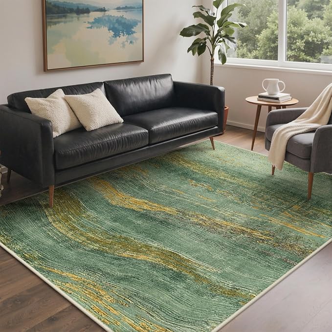 BEIMO 9x12 Washable Area Rug for Living Room, Wave Abstract Teal Gold | Soft Machine Washable Modern Rug,Streaks Pattern Non Slip Indoor Carpet for Dining Room Playroom Bedroom Office