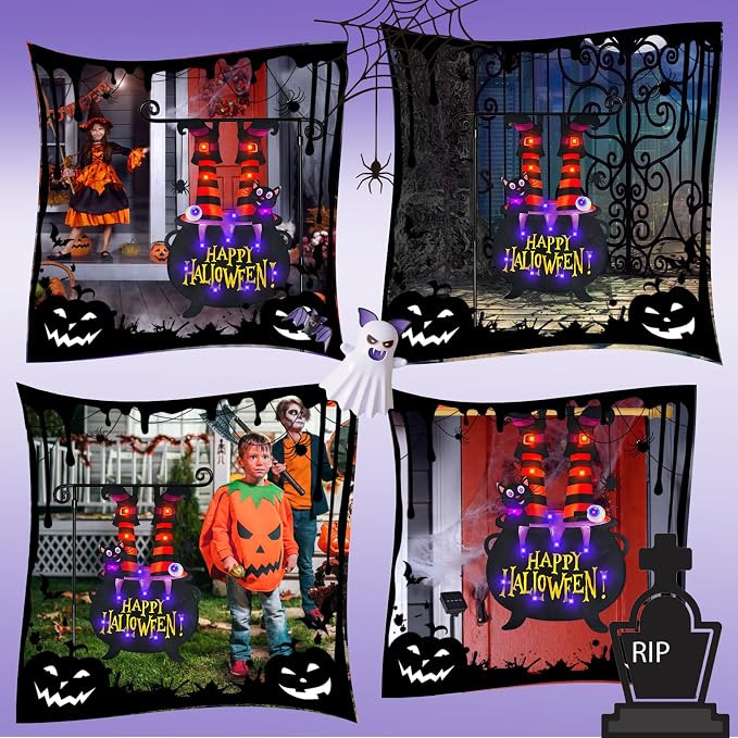 Halloween Lighted Garden Flag for Outside, Led Solar Yard Flag 8 Modes Witch Feet Shape Flag, 28x40 Double Sided Cauldron Eyeball Black Cat Decorations for Home Porch