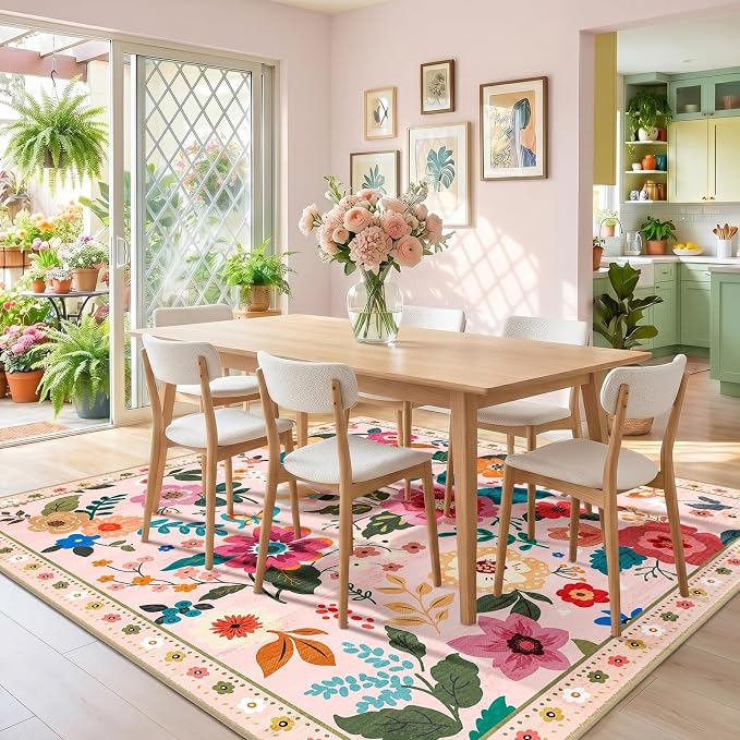 RELEANY Floral Washable Square 6ft Area Rug Pink | Flower Carpet, Print, Boho, Non-Slip, Easy to Clean, Soft, Low Pile for Living Room Bedroom Kitchen Office Entryway Hallway