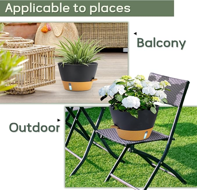 12 Inch Self Watering Pot with Visual Water Window, Drainage Holes & Watering Lip, Set of 2 Large Plastic Planters for Indoor Outdoor Plants, Modern Decorative Flower Pot (Grey)