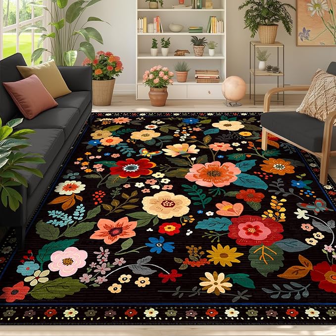 RELEANY Floral Washable 9x12 Area Rugs Black | Flower Carpet, Print, Boho, Non-Slip, Easy to Clean, Soft, Low Pile for Living Room Bedroom Kitchen Office Entryway Hallway