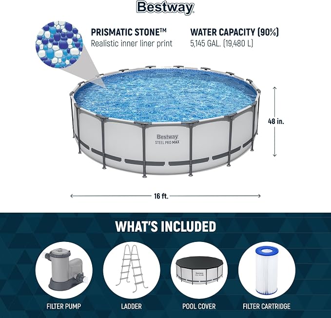 Bestway Steel Pro MAX 16' x 48" Above Ground Swimming Pool Set with Pump | Durable Round Metal Frame Outdoor Backyard Pool, Puncture-Resistant Liner - Ladder and Cover Included, Gray