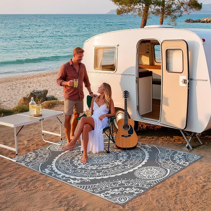 Pauwer Waterproof Outdoor Rug 6x9, Reversible Plastic Straw Patio Camping Rug, Indoor Outdoor RV Mat Carpet for Deck, Camper, Porch, Balcony, Backyard, Picnic, Paisley Grey